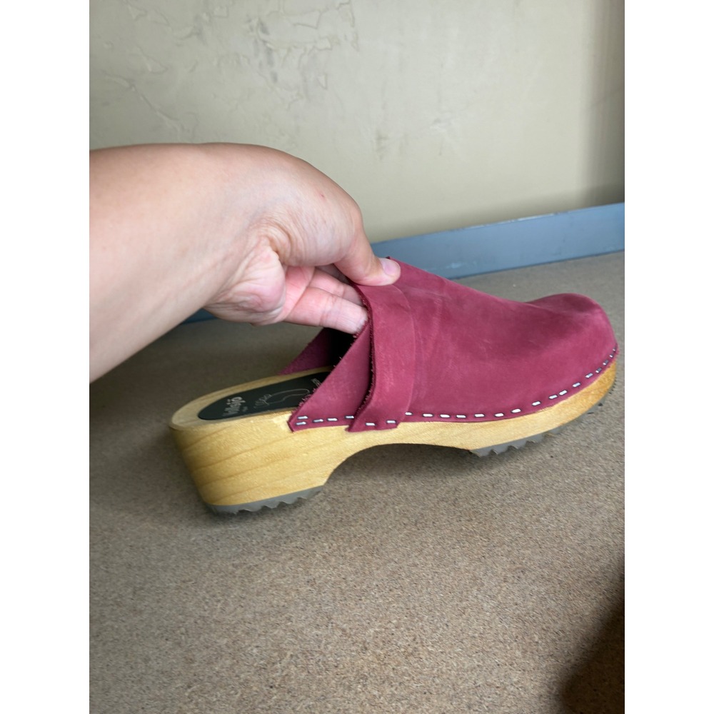 Vollsjo Swedish Design Magenta Pink Nubuck Leather Wooden Clogs Mules Size 38 - Picture 3 of 11